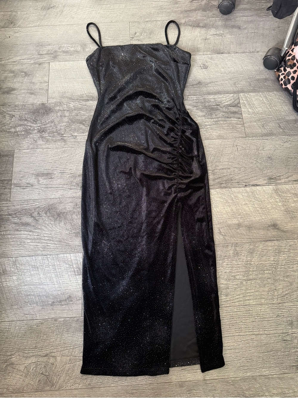 privy Black Glitter Ruched Spaghetti-Strap Maxi Dress with Slit